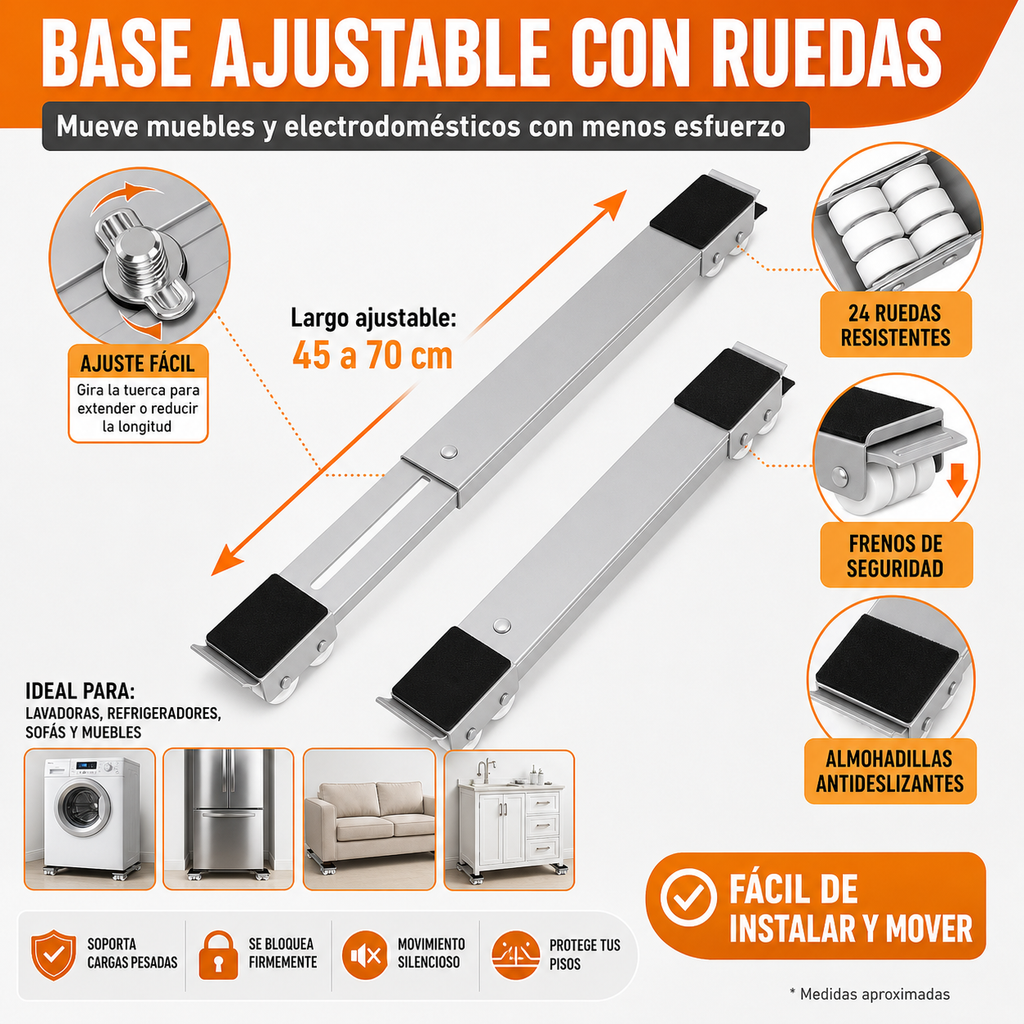 Base ajustable con ruedas - infografia con caracteristicas: 24 ruedas resistentes, frenos de seguridad, almohadillas antideslizantes
