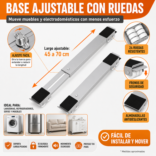 Base ajustable con ruedas - infografia con caracteristicas: 24 ruedas resistentes, frenos de seguridad, almohadillas antideslizantes