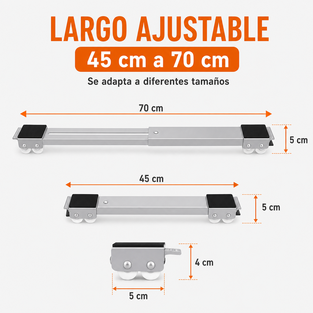 Largo ajustable de 45 cm a 70 cm con altura de soporte de 4 cm
