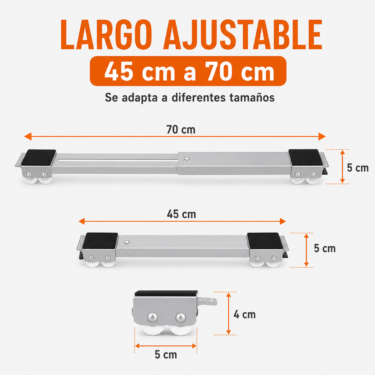 Largo ajustable de 45 cm a 70 cm con altura de soporte de 4 cm