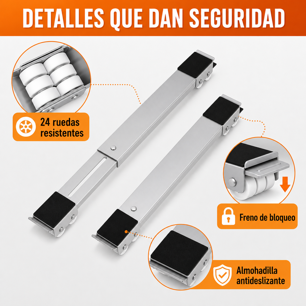 Detalles de seguridad: 24 ruedas resistentes, freno de bloqueo, almohadilla antideslizante